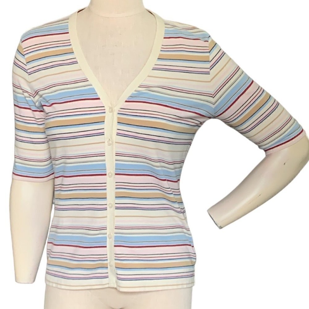 Tommy‎ Hilfiger Striped Knit V-Neck Button Front Top 3/4 Sleeve Sz L #139i
